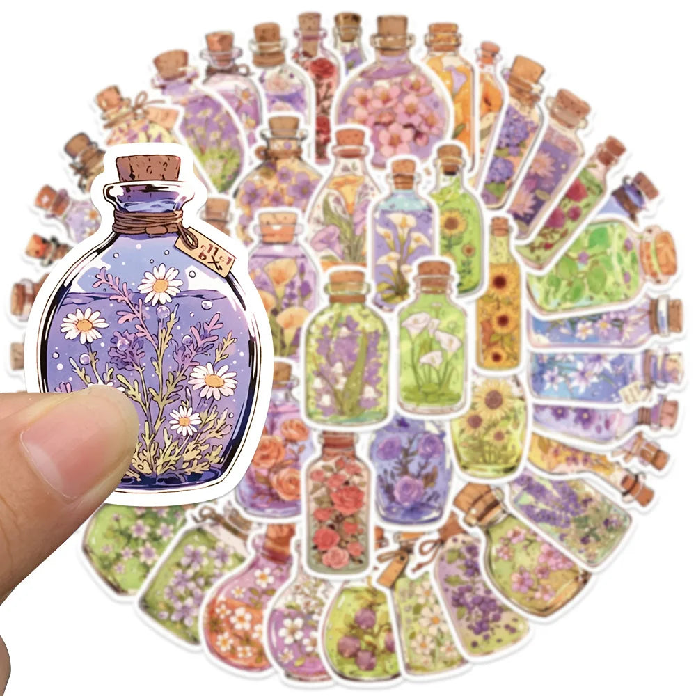 50pcs Aesthetic Cute Cartoon Glass Bottle Flowers Stickers For Luggage Guitar Laptop Phone Waterproof Graffiti Vinyl Decals (ONLINE ORDER ONLY)