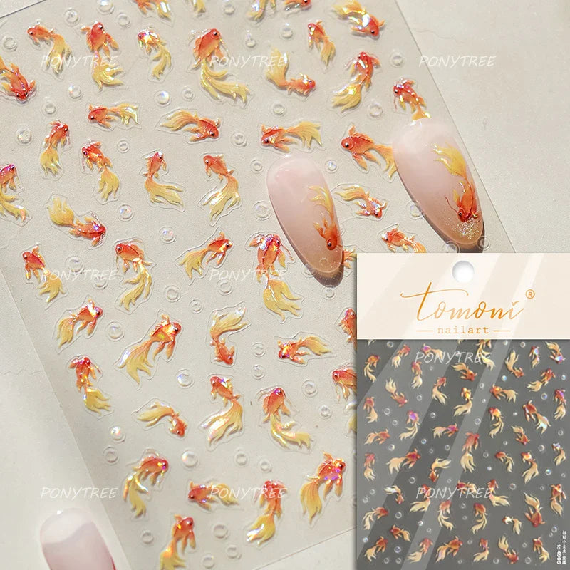 Pink Lotus Flower Red Gold Koi Carp Fish Tail Fancy Carp Self Adhesive Nail Art Decorations Stickers Manicure Decals Wholesale (ONLINE ORDER ONLY)