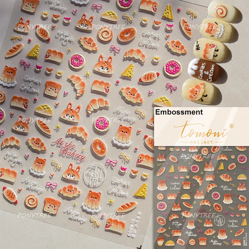 Cute Baking Cookies Bread Bread Cheese Pudding Chocolate Croissant Doughnut Adhesive Nail Art Decoration Sticker Manicure Decals (ONLINE ORDER ONLY)