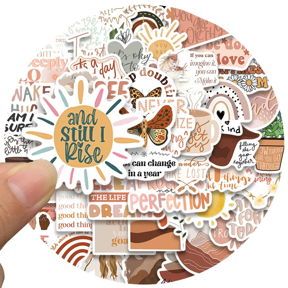 50pcs Retro Cartoon Boho Aesthetic Inspirational Stickers Bohemia Motivational Phrases Stickers Laptop Guitar Luggage Car Decals (ONLINE ORDER ONLY)
