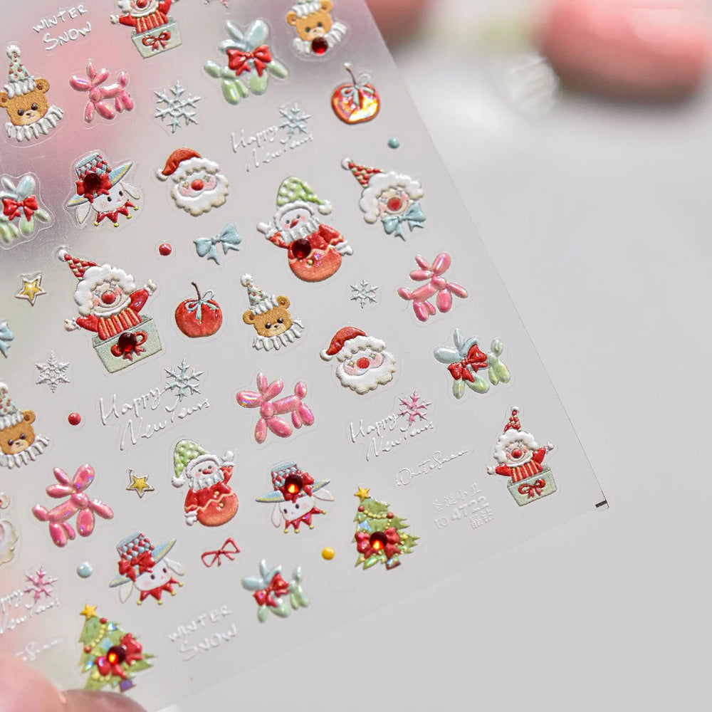 Apple Bear Bunny Snowman Winter Tree Bell Dog Self Adhesive Nail Art Stickers Snowflake Santa Claus Rhinestone Manicure Decals (ONLINE ORDER ONLY)