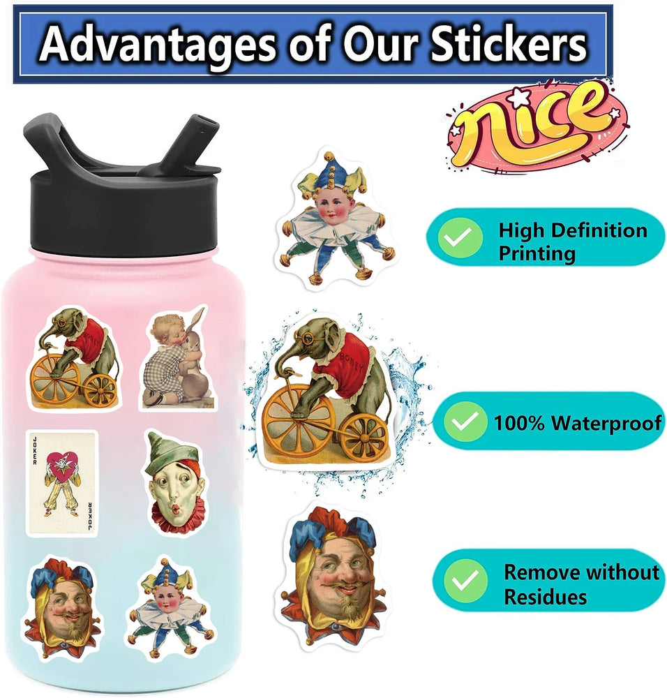 50PCS Vintage Circus Stickers Acrobatics Clown Retro Art Funny Aesthetic Graffiti Decals Scrapbook Laptop Bottle Sticker Gift (ONLINE ORDER ONLY)