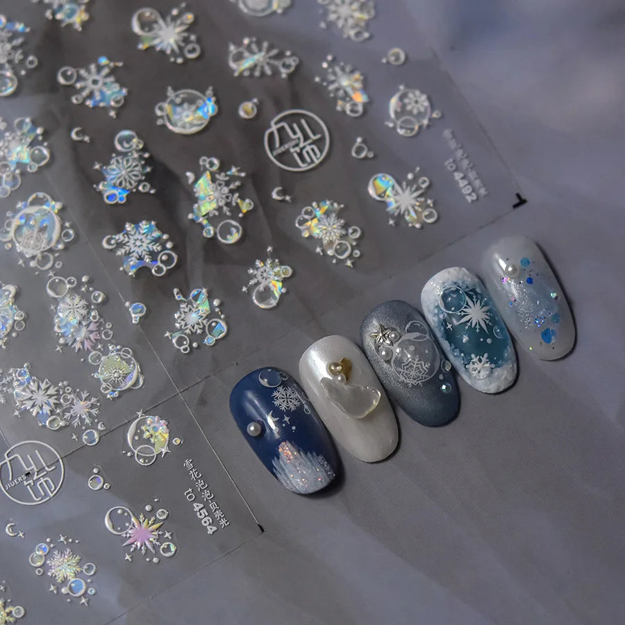 Shiny White Pink Blue Gold Snowflakes Hexagon Water Bubbles Winter 5D Self Adhesive Nail Art Stickers Rhinestone Manicure Decals (ONLINE ORDER ONLY)