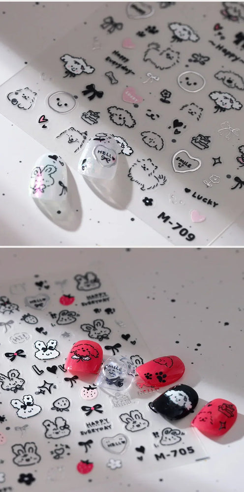 Dog Rabbit Line Bunny Footprint Bowknot Heart Cake Strawberry Flowers Bone Graffiti Adhesive Nail Art Stickers Manicure Decals (ONLINE ORDER ONLY)