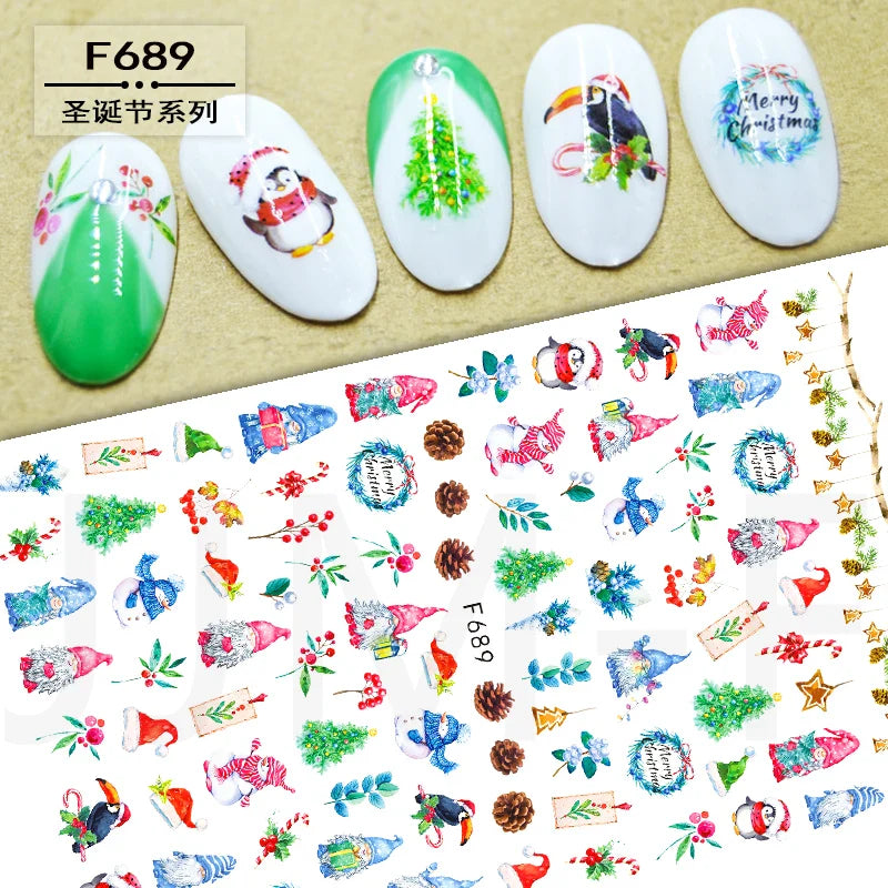 Christmas Greenery Nail Stickers Xmas Holly Animal Penguin Candy Winter Sliders Decor 2024 Holiday Decals Manicure Tips Foils *& (ONLINE ORDER ONLY)