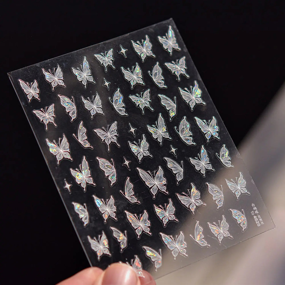Chic Beautiful White Butterfly Shiny Lace Star Adhesive Nail Art Stickers Animals Charm Snowflake Manicure Decals Nail Supplies (Online Order Only)