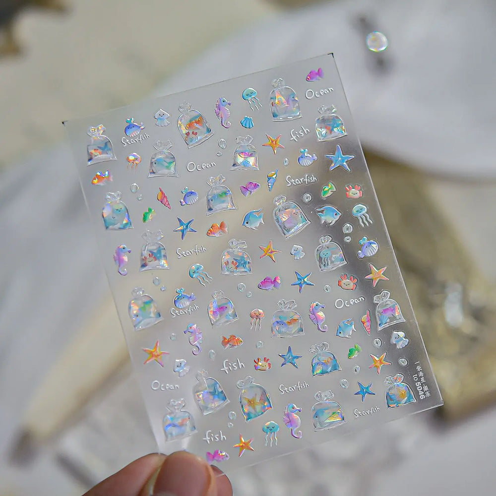 Sackful Starfish Goldfish Jellyfish Seahorse Bubbles Conch Ocean Whale Brocaded Carp Adhesive Nail Art Stickers Manicure Decals (ONLINE ORDER ONLY)