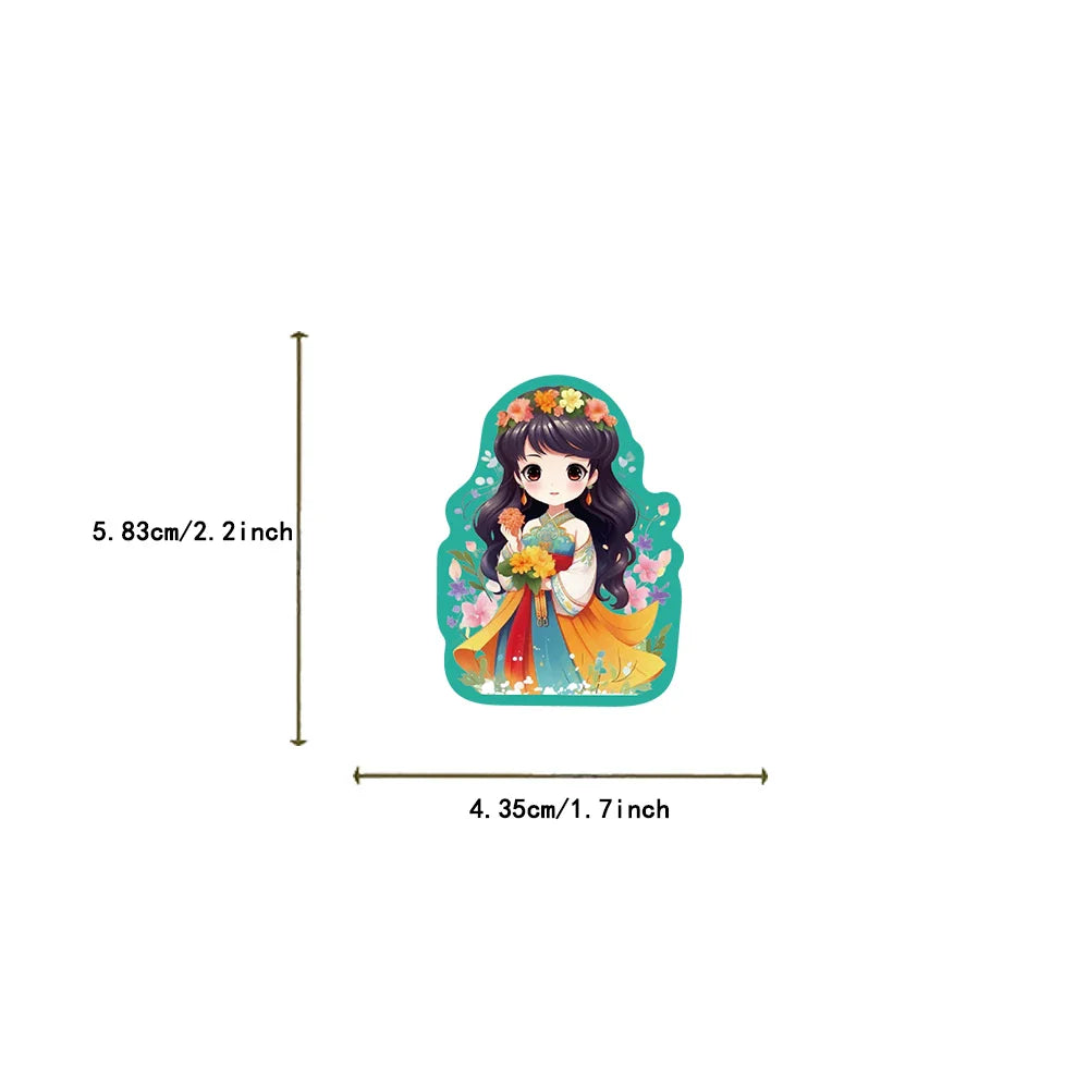 50Pcs Q Version Chinese Ancient Costume Flower Princess Girl Sticker for Kids Toy Decoration Guitar Luggage DIY Waterproof Decal (ONLINE ORDER ONLY)