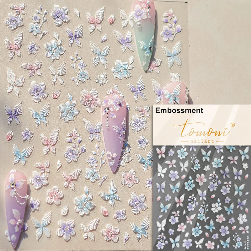 Embroidered Butterfly Flower Colourful Gradient Morning Glory Leaves Self Adhesive Nail Art Stickers Rhinestone Manicure Decals (ONLINE ORDER ONLY)