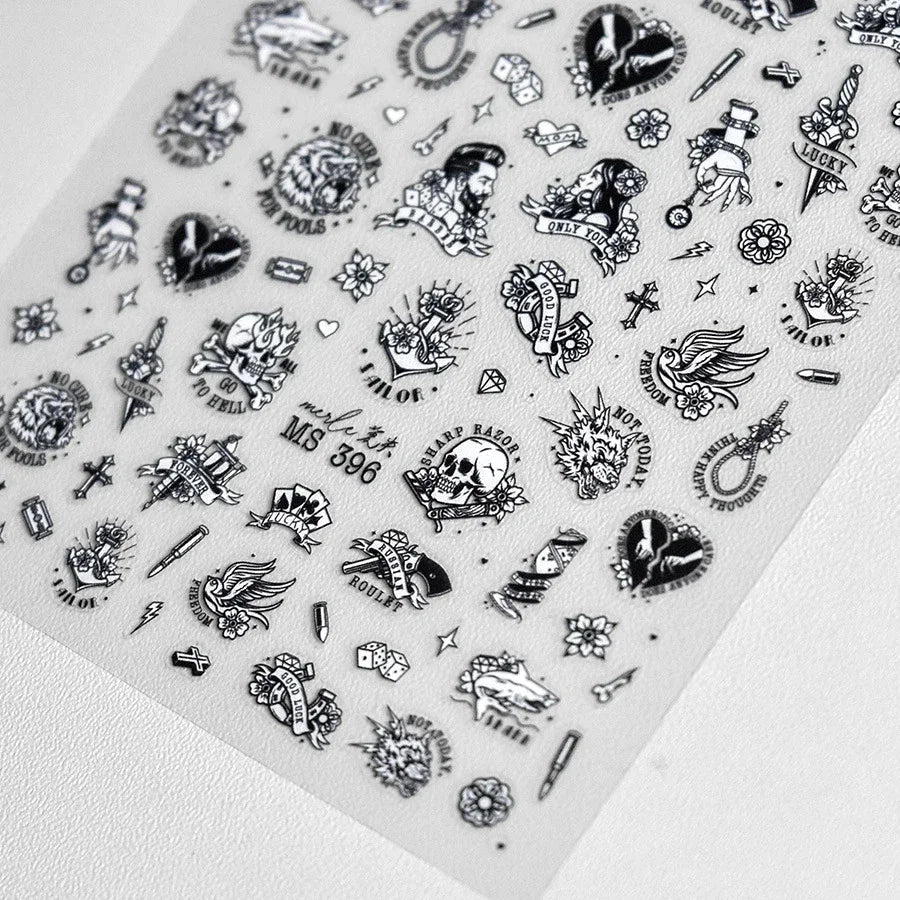 Retro Black Line Skull Man Woman 5D Embossed Relief Self Adhesive Nail Art Sticker Bear Bunny Hand Bird Horror 3D Manicure Decal (Online Order Only)