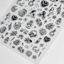Retro Black Line Skull Man Woman 5D Embossed Relief Self Adhesive Nail Art Sticker Bear Bunny Hand Bird Horror 3D Manicure Decal (Online Order Only)