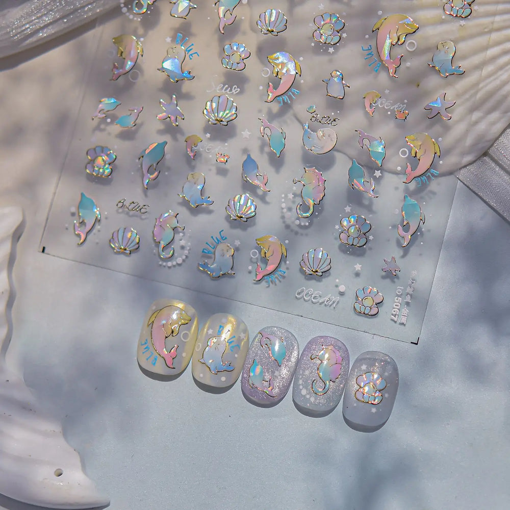 Colored Whale Seahorse Shell Crab Otter Pearl Oyster Starfish Ocean Dreamy Adhesive Nail Art Stickers Manicure Decals Wholesale (ONLINE ORDER ONLY)
