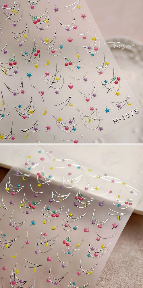 Chic Colourful Star Moon Curved Line Arc Necklace Love Heart Hanging in The Air Cherry Adhesive Nail Art Stickers Manicure Decal (Online Order Only)