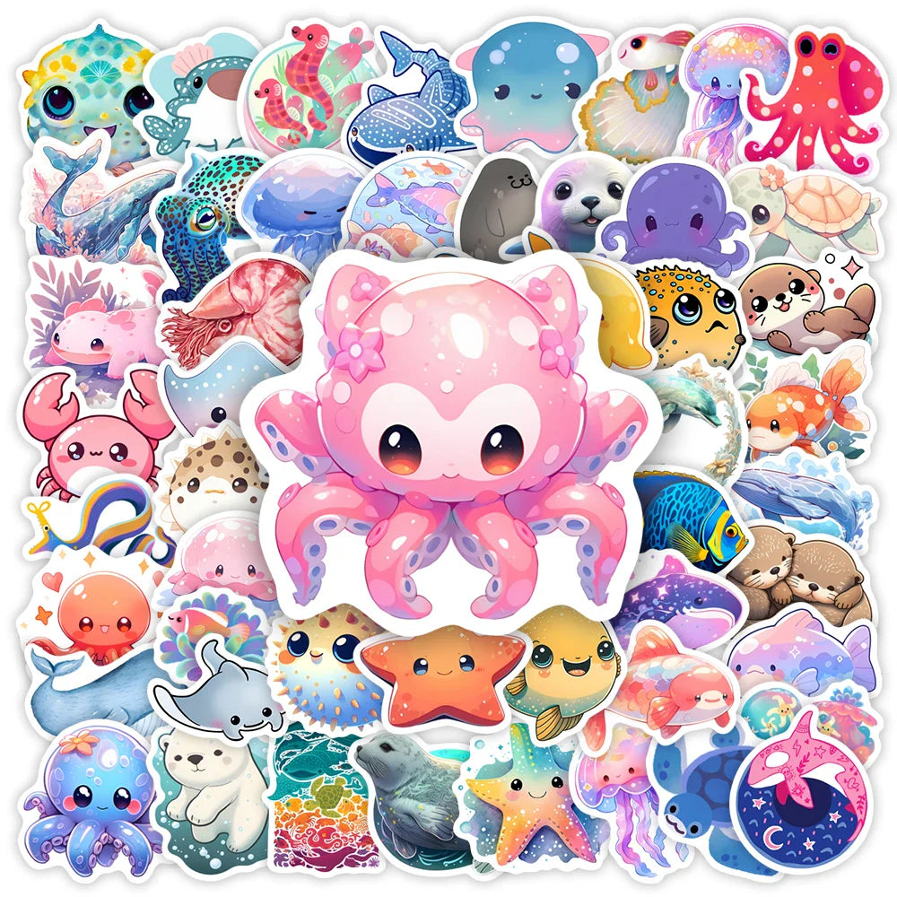 Cute Sea Life Stickers Jellyfish Octopus Fish Clipart DIY Gift Toys Decal for Laptop Scrapbook Phone Bottles Luggage Waterproof (ONLINE ORDER ONLY)