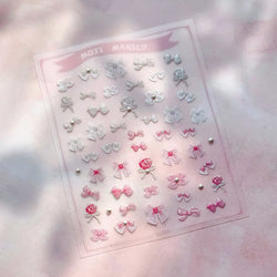 Chic Pink White Rose Flower Lace Bowknot Ribbon Jelly 5D Pearl Romantic Charming Self Adhesive Nail Art Sticker Manicure Decals (ONLINE ORDER ONLY)