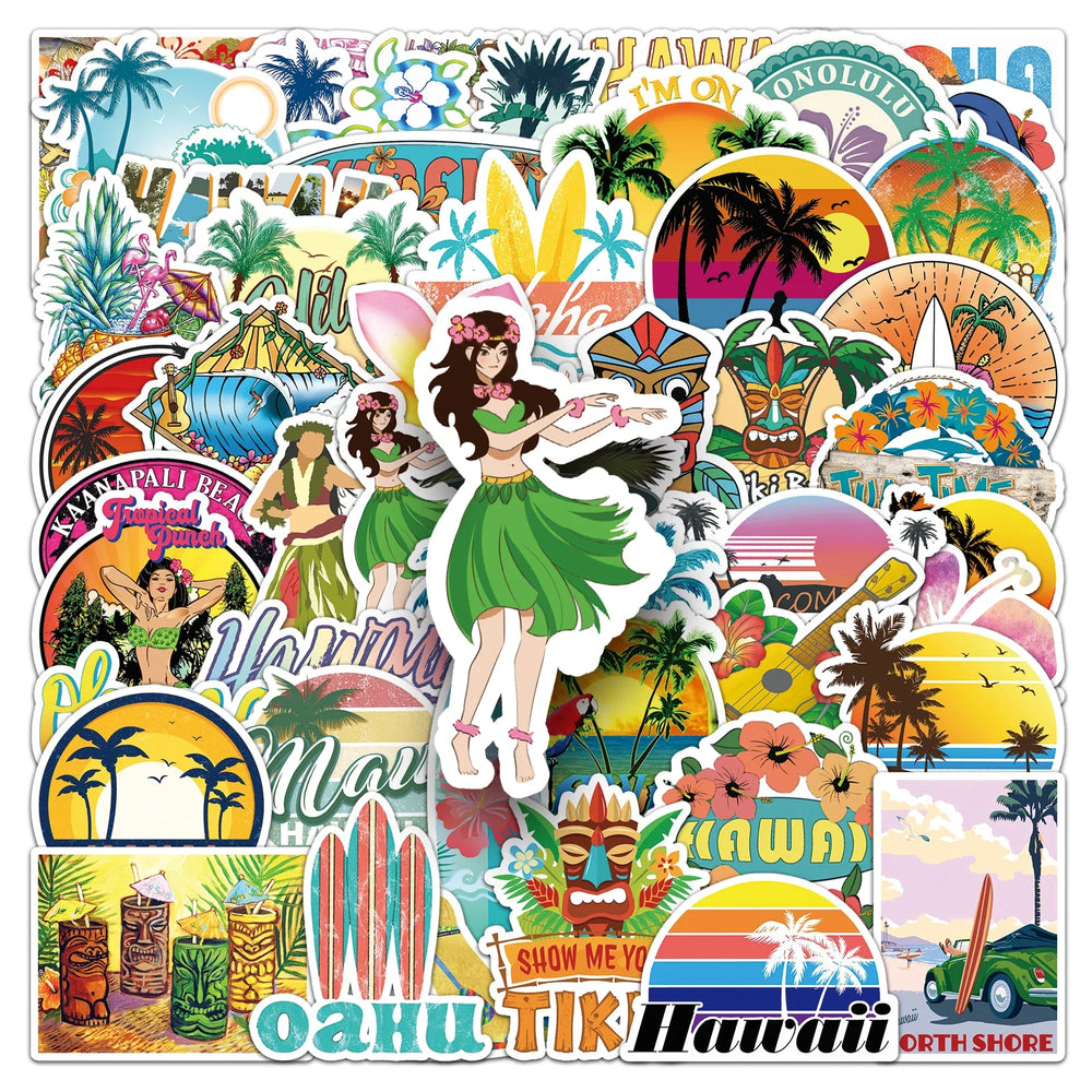 50Pcs Hawaiian Cartoon Waterproof Vinyl Stickers for Skateboard Snowboard (ONLINE ORDER ONLY)