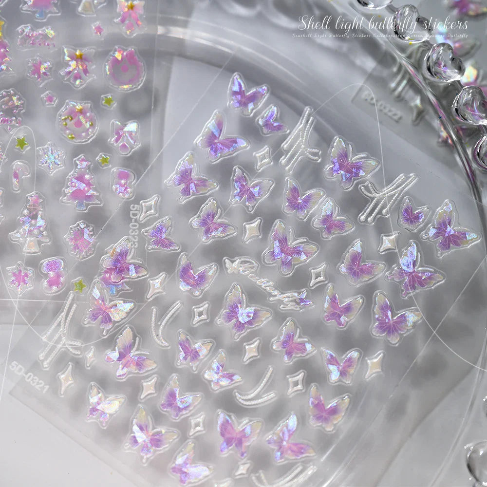 1pc Aurora Butterfly Nail Stickers Pink Butterfly Shell Light Beam Angel Wings Sliders Fairy Light & Lively Translucent Nail Dec (ONLINE ORDER ONLY)
