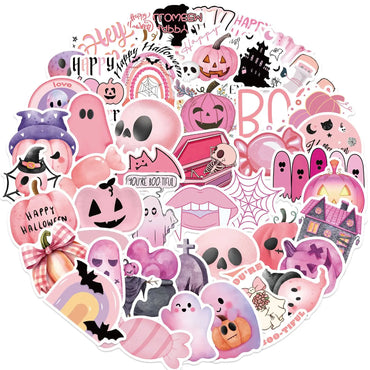 10/50pcs Kawaii Pink Halloween Ghost Skull Pumpkin Stickers Notebook Guitar Skateboard Waterproof Cute Decorative Sticker Toy (ONLINE ORDER ONLY)