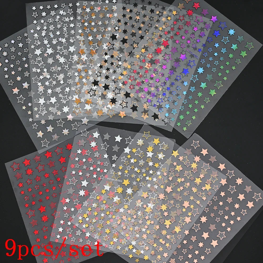9Pcs 3D Sliver Stars Nails Stickers Bronzing Star Nail Art Decals For DIY Nail Art Decoration Self Adhesive Nail Manicure Parts* (Online Order Only)
