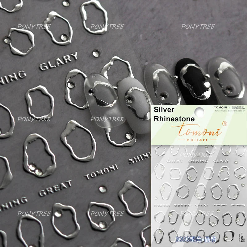 Gold Silver Line Irregular Shape Shiny Rhinestone 5D Bronzing Soft Relief Self Adhesive Nail Art Stickers Nail Decoration Decals (ONLINE ORDER ONLY)
