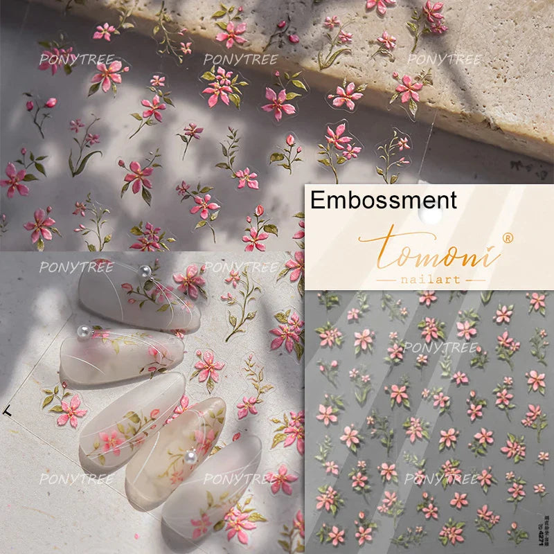 Pink Cherry Blossoms Peach Flower Petal Green Leaf Greenery 5D Embossed Relief Self Adhesive Nail Art Sticker 3D Manicure Decals (ONLINE ORDER ONLY)