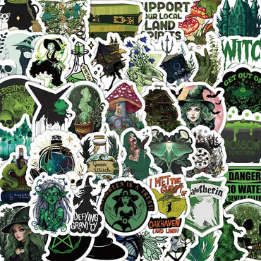 10/30/50/100pcs Cool Retro Green Magic Wizard Witch Stickers Laptop Phone Skateboard Fridge Car Gothic Retro Waterproof Sticker (ONLINE ORDER ONLY)