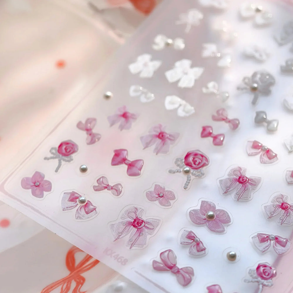 Chic Pink White Rose Flower Lace Bowknot Ribbon Jelly 5D Pearl Romantic Charming Self Adhesive Nail Art Sticker Manicure Decals (ONLINE ORDER ONLY)