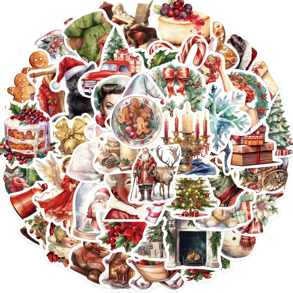 Retro Christmas Cartoon Stickers - 10/30/50PCS for DIY Phone, Notebook, Laptop, Fridge, Wall (Online Order Only)