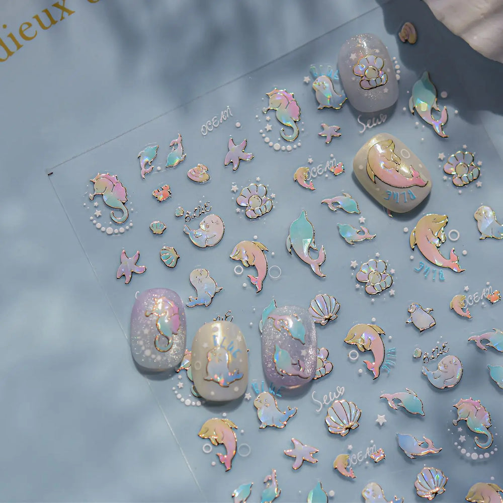 Colored Whale Seahorse Shell Crab Otter Pearl Oyster Starfish Ocean Dreamy Adhesive Nail Art Stickers Manicure Decals Wholesale (ONLINE ORDER ONLY)