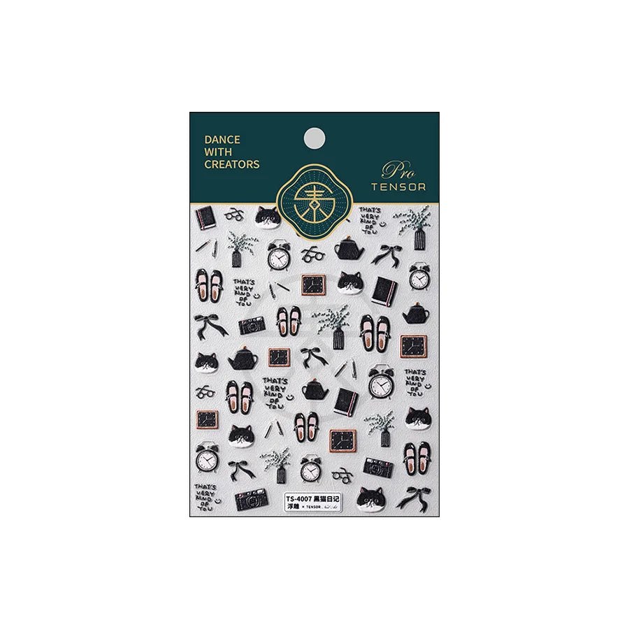 Black Cat Kitten Glasses Camera Timepiece Shoe Notebook Vase Pen Teapot Bowknot Item Adhesive Nail Art Stickers Manicure Decals (Online Order Only)