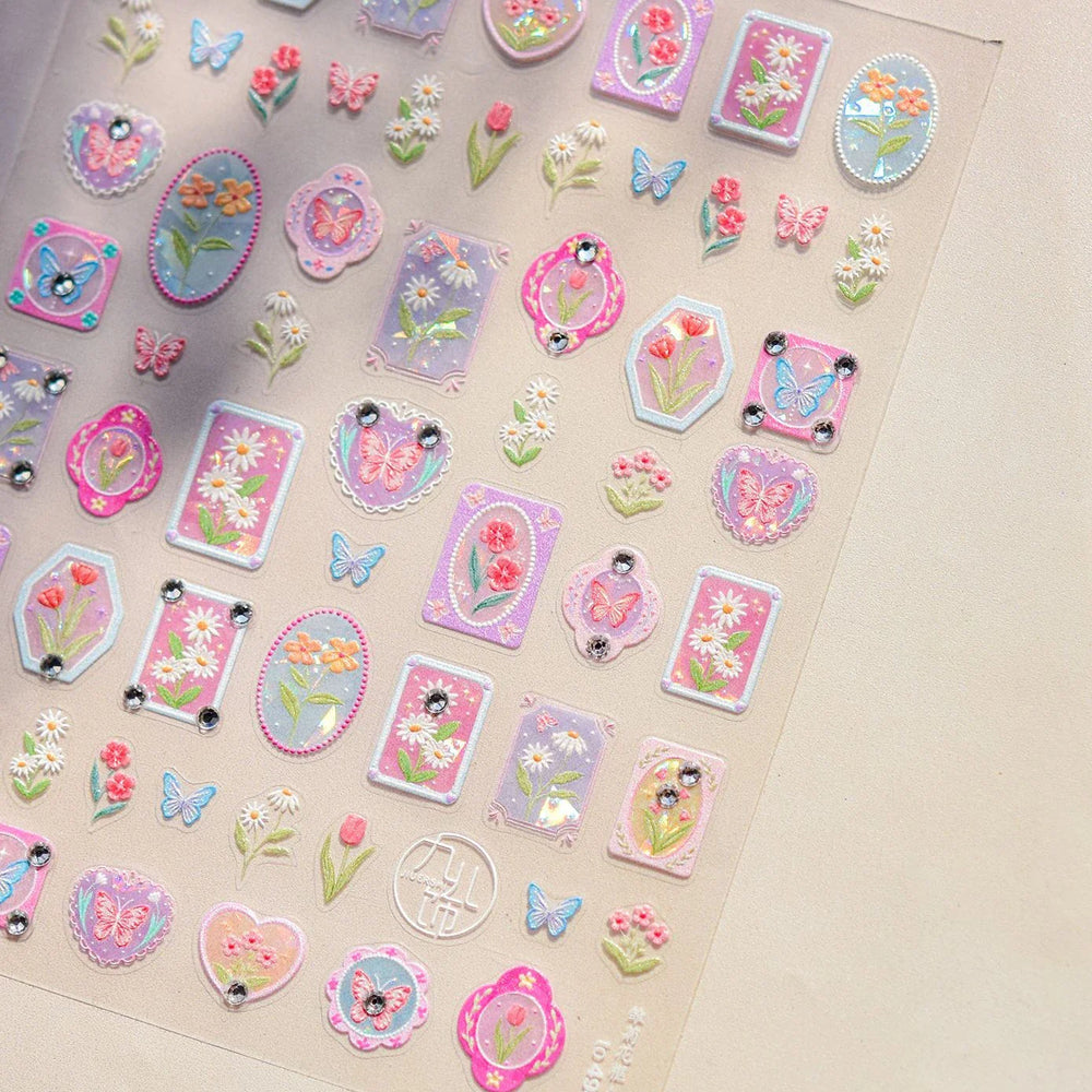 Retro Tulip Flowers Daisy Photo Frame Geometric Border Bowknot Butterfly Soft Relief Adhesive Nail Art Stickers Manicure Decals (ONLINE ORDER ONLY)