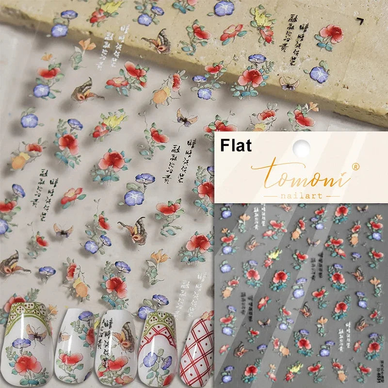 Gradient Coloredful Flower Petal Green Leaf Dreamy Shiny Chinese Rose Fantasy Relief Adhesive Nail Art Stickers Manicure Decals (Online Order Only)