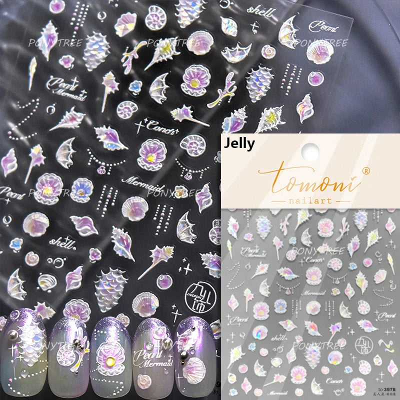 Hot Stamping Seahorse Dolphin Shell Conch Starfish Coconut Tree Jackfruit Water Bubbles Ocean Nail Art Stickers Manicure Decals (ONLINE ORDER ONLY)