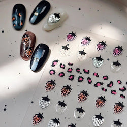 Pink Transparent Strawberry Leopard Print Metal Silver Fruit Lovely Self Adhesive Nail Art Stickers 5D Manicure Decals Wholesale (ONLINE ORDER ONLY)