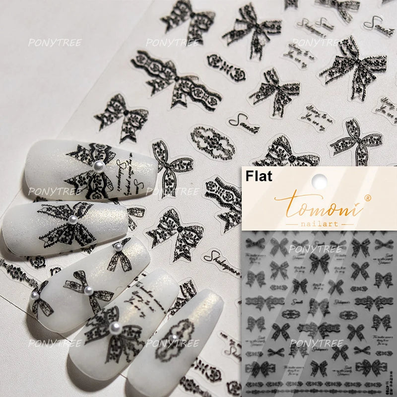 Retro White Lace Bandage Line Bowknot Irregular Fabric Cording Square Calligraphy Adhesive Nail Art Sticker 3D Manicure Decals (ONLINE ORDER ONLY)