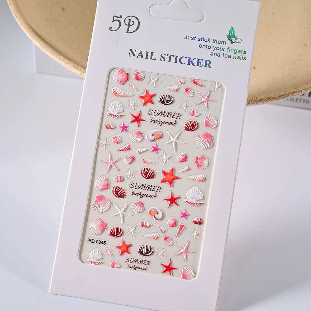 Summer Sea Shell 5D Nail Art Sticker Tropical Beach Coconut Slippers Decals Embossed  Conch Starfish Ocean Theme Nail Art Decor* (ONLINE ORDER ONLY)