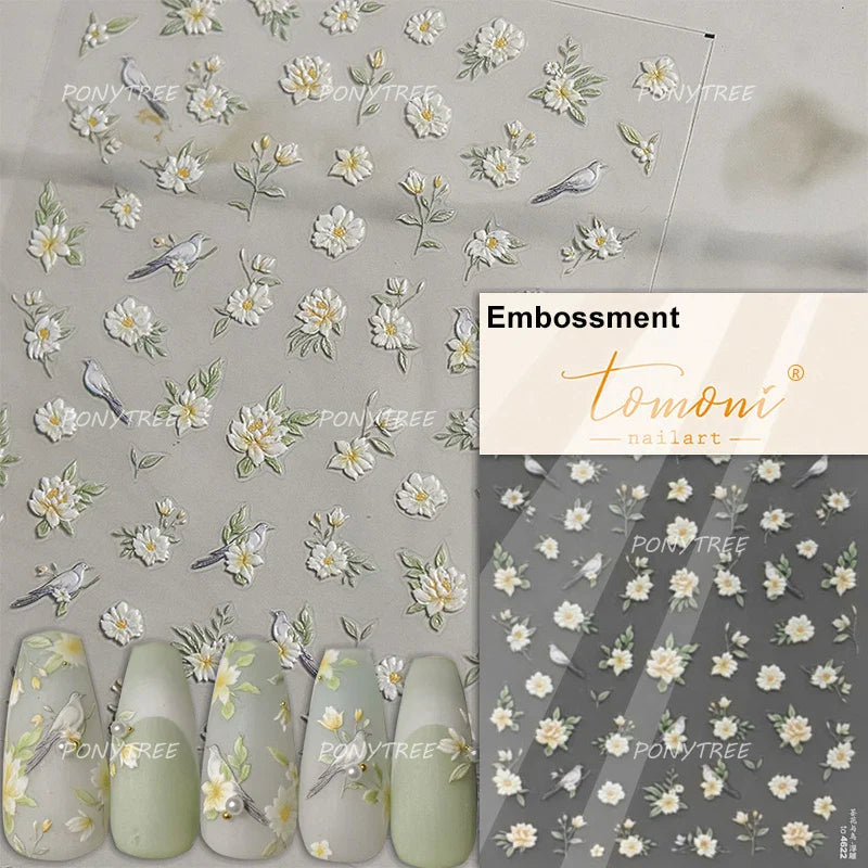 Rural Style White Daisy Flower Butterfly Small Wildflowers 5D Soft Embossed Relief Adhesive Nail Art Stickers 3D Manicure Decals (ONLINE ORDER ONLY)