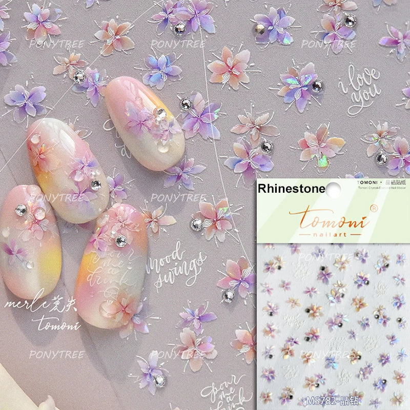Colourful Dried Flower Petal Texture Peach Blossom Orchid Fragrant Bouquet 5D 3D Self Adhesive Nail Art Stickers Manicure Decals (ONLINE ORDER ONLY)