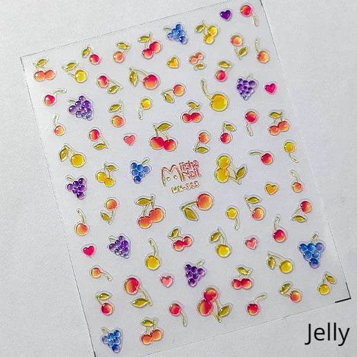 Cute Fresh Fruit Lovely Red Strawberry Grape Cherry Peach 3D Jelly Design Dopamine Self Adhesive Nail Art Sticker Manicure Decal (Online Order Only)