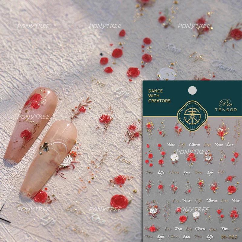 Rose Flower Garden Soft Embossment Adhesive Nail Art Stickers Charming Rhinestone Manicure Decals Nail Supplies for Professional (ONLINE ORDER ONLY)