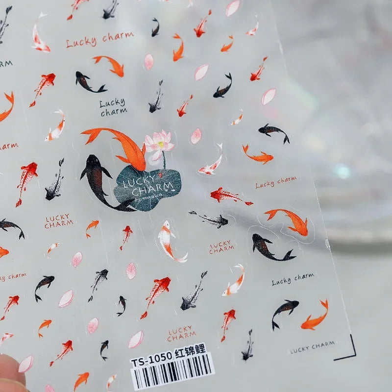 Chinese Black Red Lucky Carp Fish 3D Self Adhesive Nail Art Stickers 5D Soft Relief Nail Phone Decals Goldfish Beach Sea Summer (ONLINE ORDER ONLY)