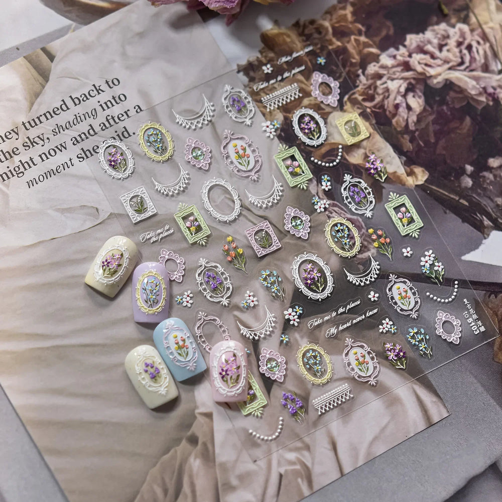 Retro European Flower Frame Gypsophila Bouquet Garden Charming Tulip Lavender Daisy Delicate Nail Art Stickers Manicure Decals (ONLINE ORDER ONLY)