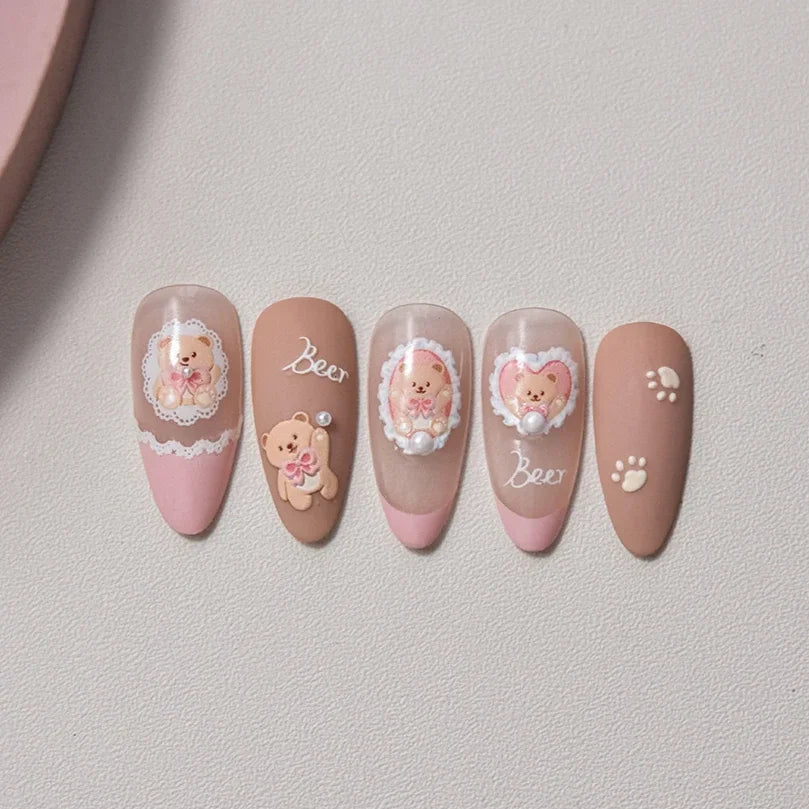 Retro Love Heart White Lace flower Bowknot Tie Pink Bear Flower Strawberry Adhesive Nail Art Stickers Rhinestone Manicure Decals (ONLINE ORDER ONLY)