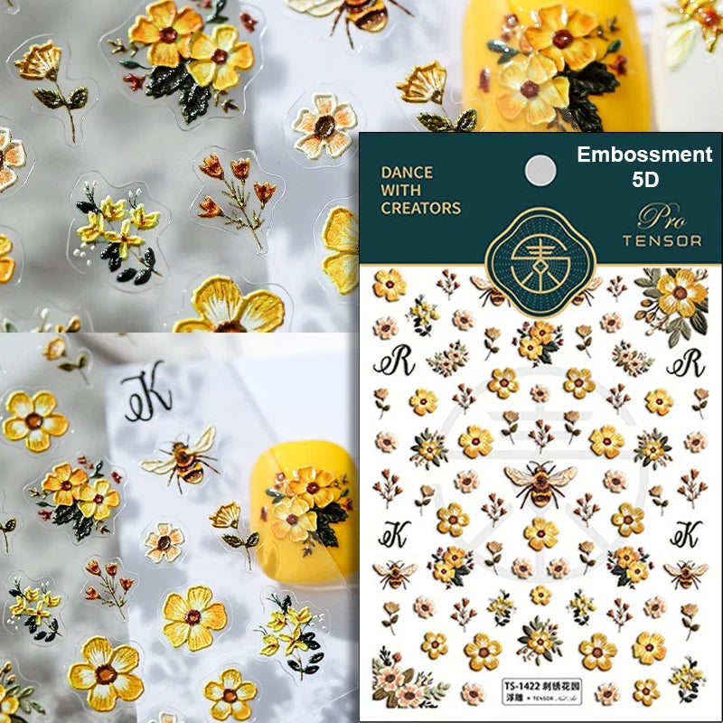 Hot Stamping Colourful Sunflower Starry Night Impressionism Embossment Adhesive Nail Art Sticker Shiny Rhinestone Manicure Decal (Online Order Only)