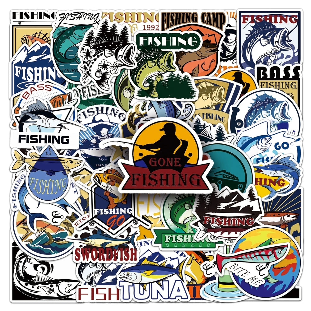 50Pcs Fishing Cartoon Waterproof Vinyl Stickers for Skateboard Snowboard (Online Order Only)