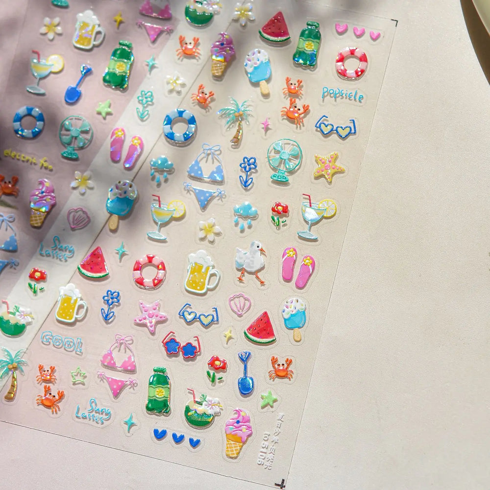 Summer Beach Bikini Watermelon Strawberry Ice Cream Soda Coconut Tree Fan Juice Crab Nail Art Decoration Stickers Manicure Decal (ONLINE ORDER ONLY)