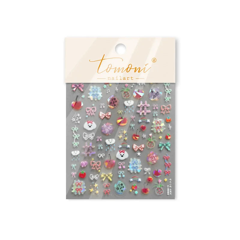 Dyeing Apple Cherry Fruit Dog Puppy Bowknot Colorful Cartoon Graffiti Reliefs Adhesive Nail Art Stickers Flowers Manicure Decals (ONLINE ORDER ONLY)