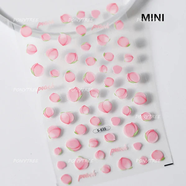 Pink Cherry Blossoms Peach Flower Petal Green Leaf Greenery 5D Embossed Relief Self Adhesive Nail Art Sticker 3D Manicure Decals (ONLINE ORDER ONLY)