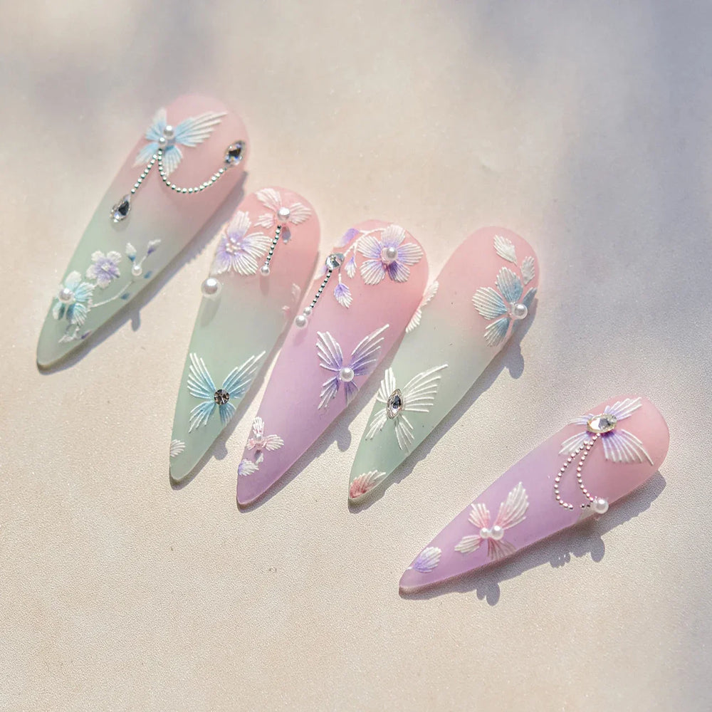 Embroidered Butterfly Flower Colourful Gradient Morning Glory Leaves Self Adhesive Nail Art Stickers Rhinestone Manicure Decals (ONLINE ORDER ONLY)