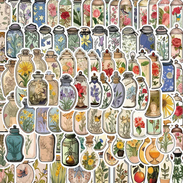 10/30/50/100pcs Vintage Flower Bottle Cartoon Stickers Decals Kids Classic Toy Laptop Phone Scrapbook Diary Decoration Sticker (ONLINE ORDER ONLY)